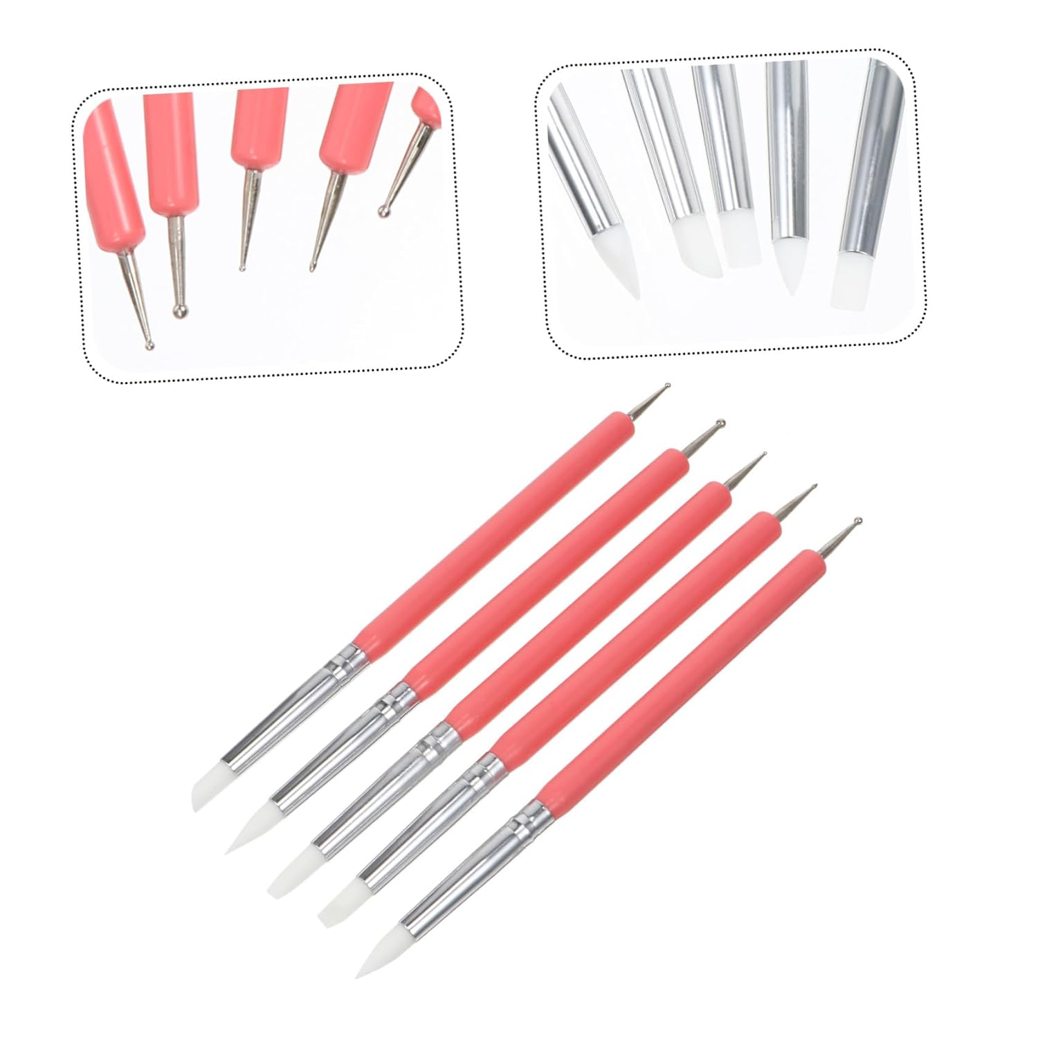 jojofuny 5pcs Pink Dual-ended Acrylic and Silicone Nail Art Dotting Pens Manicure Brush Set for UV Gel Design and Nail Gems Application Professional Art Tools for Home and Salon Use