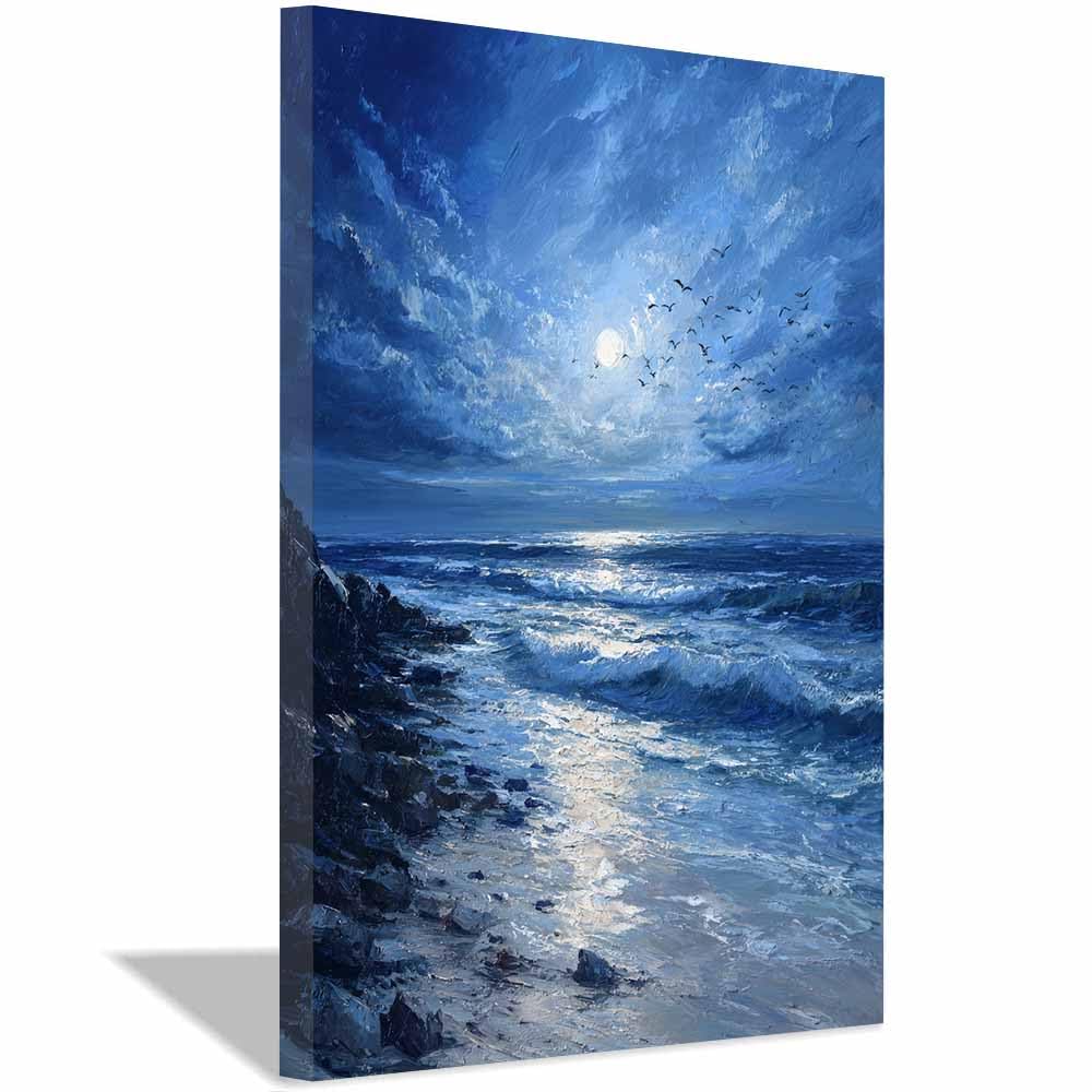 HOQIU Wall art for home decor Moonlit Ocean Wavess canvas artwork for wall, art prints, For living room, bedroom, bathroom, dining room, painting and decor.(Multicolor)-30x40cm Framed