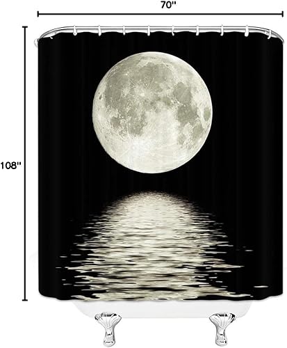 Miniatura 5 de Cortina de ducha de luna llena, paisaje nocturno del océano, agua de mar, superluna, astronomía, tela negra, juego de decoración de baño, incluye