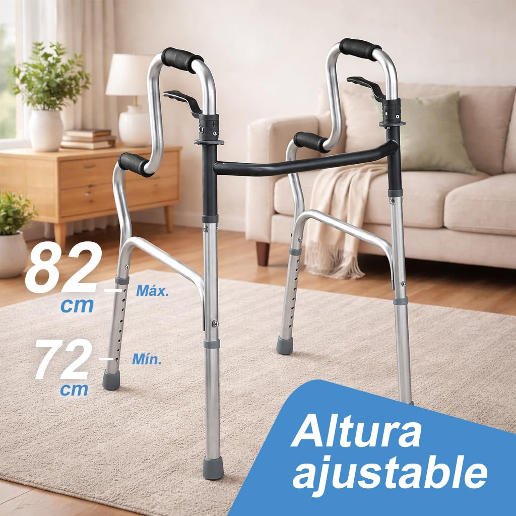 ALMA Andador para Ancianos de Dos Niveles Andador, Incorporador Plegable de Aluminio, Sin Ruedas, Ajustable en Altura, con Ayuda para Levantarse y Empuñaduras Anatómicas, Adultos y Personas Mayores