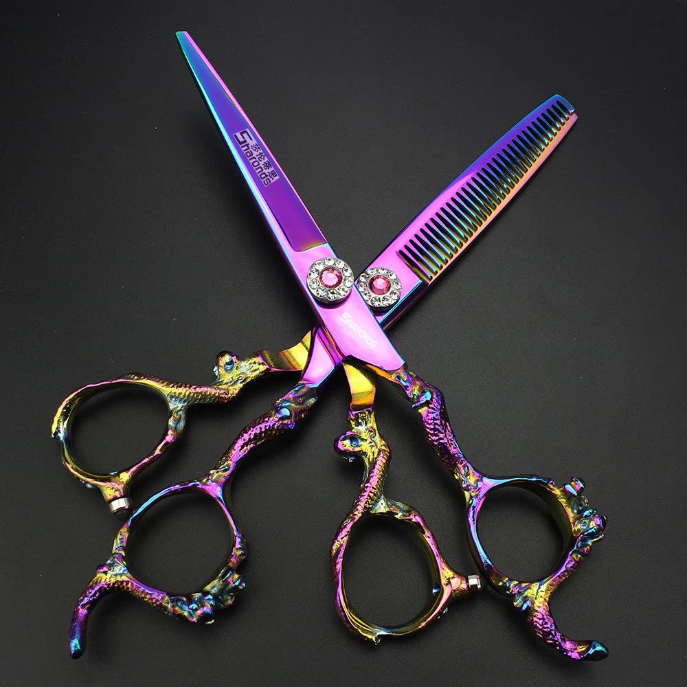 6 inch 440c purple professional hairdressing scissors barber shop hairdresser hair cutting and thinning tool (Full set) (6 inch 2PC-A)