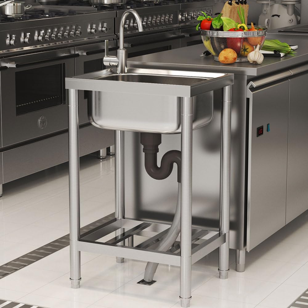 Freistehende Spüle Edelstahl Spültisch mit 43×33×18 cm Becken – Outdoor Waschbecken für Küche, Garten (Edelstahl Silber, 80 cm x 50 cm x 40 cm)