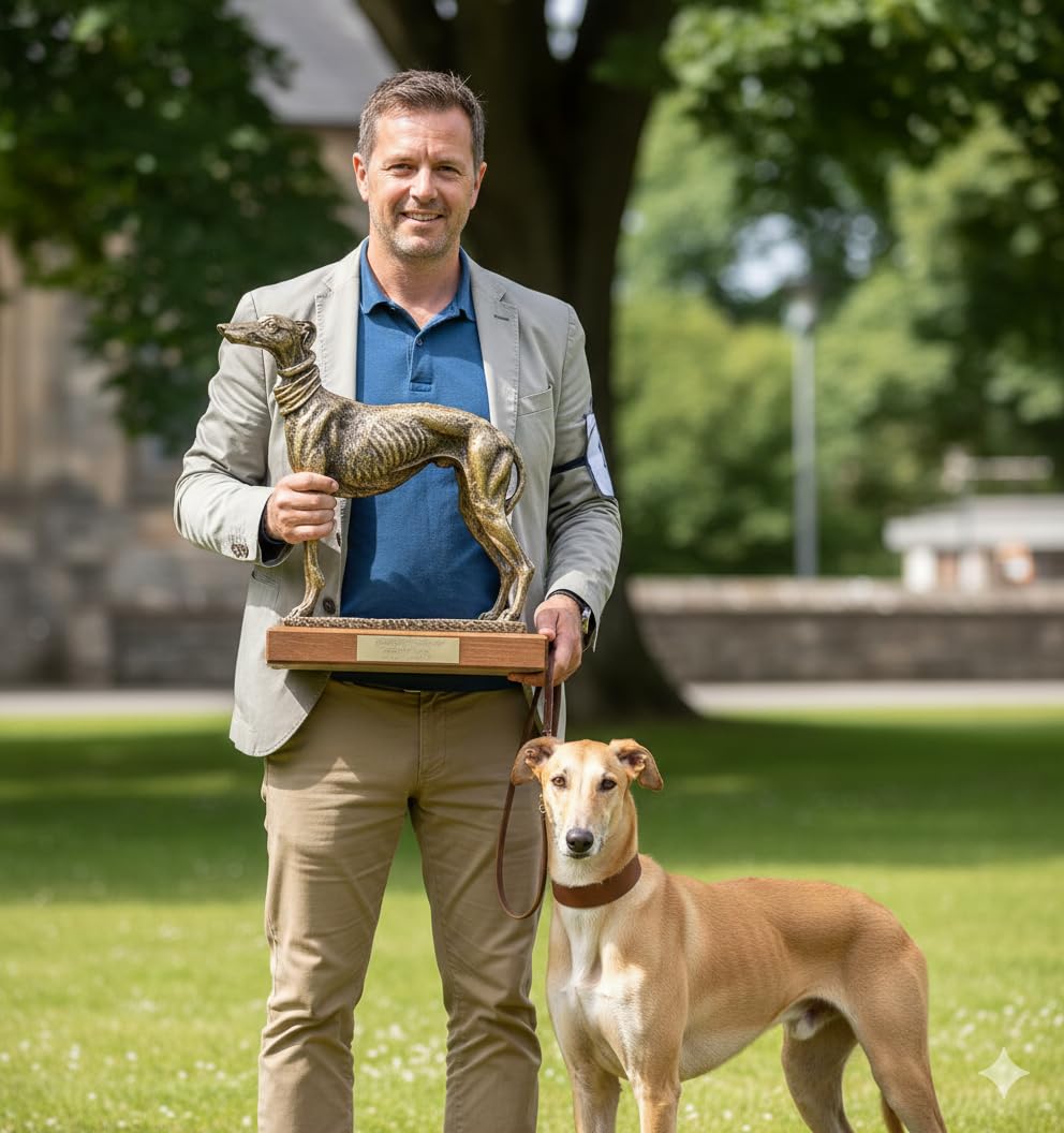Figura Galgo GRABADA Escultura Personalizada con Nombre Perro de Resina Dorada y pena de Madera