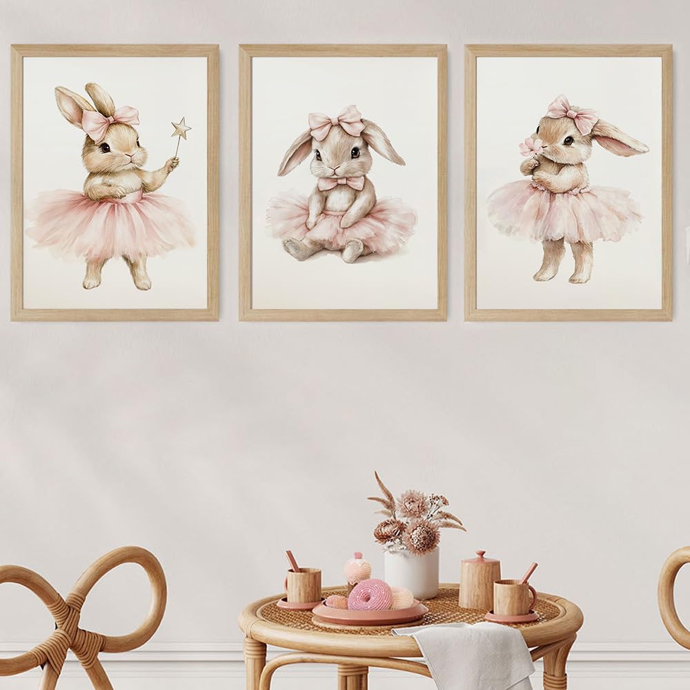 BeiYiHo 3 Tableau Lapin Chambre Fille Affiche Lapin Chambre Bebe 30x40cm Poster Chambre Ado Fille Boho Deco Chambre Enfant Bebe Rose Poudré Cadeau Toile SANS CADRE (BYCH082-30x40)
