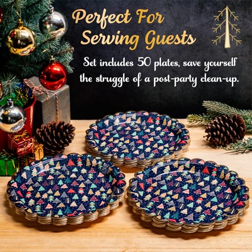 Image of Confettiville Christmas Paper Plates, 50-Count Disposable Christmas Dinner Plates, Scalloped Gold, Party Supplies