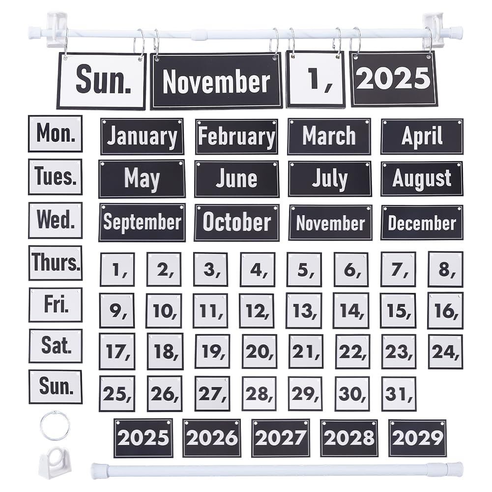 DICOSMETIC 1Set 2026 Calendar Bulletin Board Set Paper Flip Calendar with Holder Black White Classroom Hanging Decoration Adjustable Calendars with 55 Date Cards for Classroom Home Decor