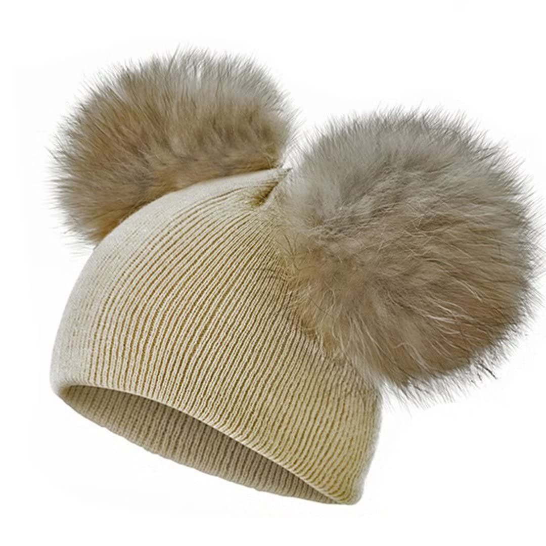 CENAST Unisex Kids Winter Pompom Hat Faux Fur Knitted Toddler Beanie Woolen Cap Khaki