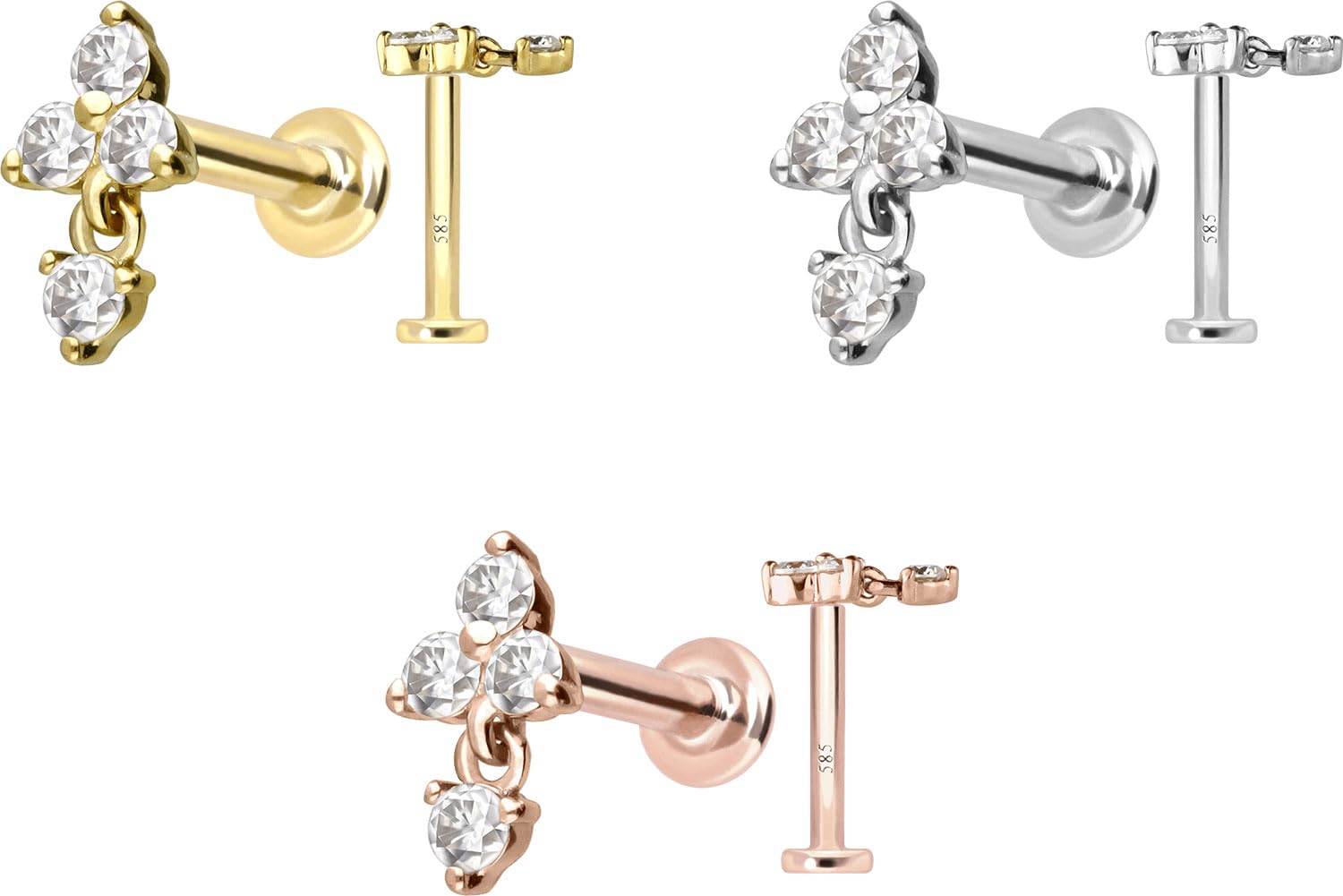 PIERCINGLINE Piercing Stecker 14 Gold Labret mit Innengewinde MOISSANIT-BLUME + MOISSANIT 585er Gold - Roségoldfarben, Goldfarben, Silberfarben