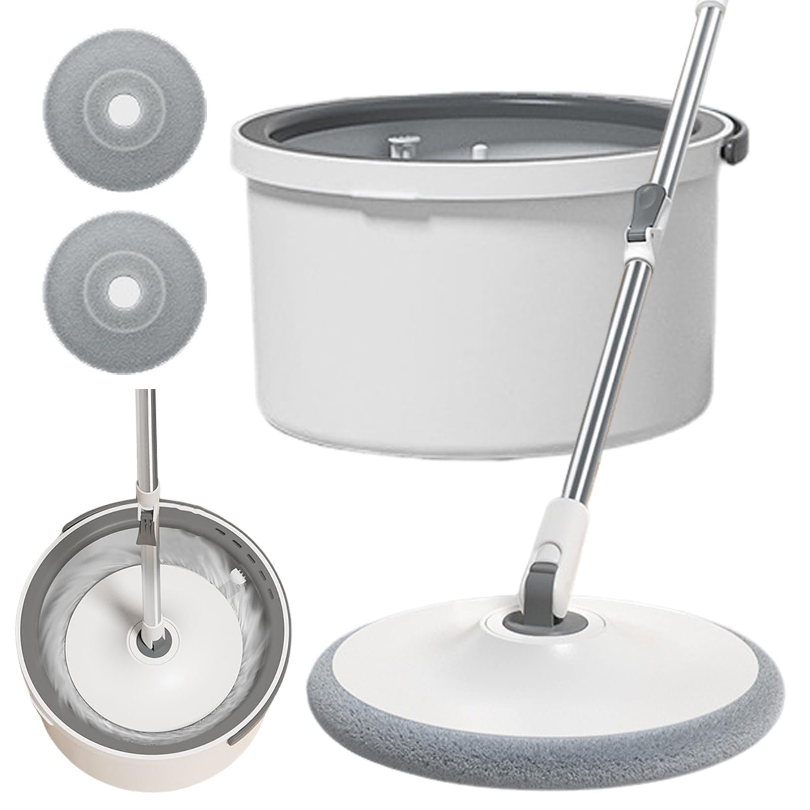 Juego de fregona giratoria y cubo con 2 almohadillas de microfibra reemplazables, sistema de agua sucia y limpia con cabezal de fregona giratorio de 360° para suelos de madera dura, mármol (redondo)