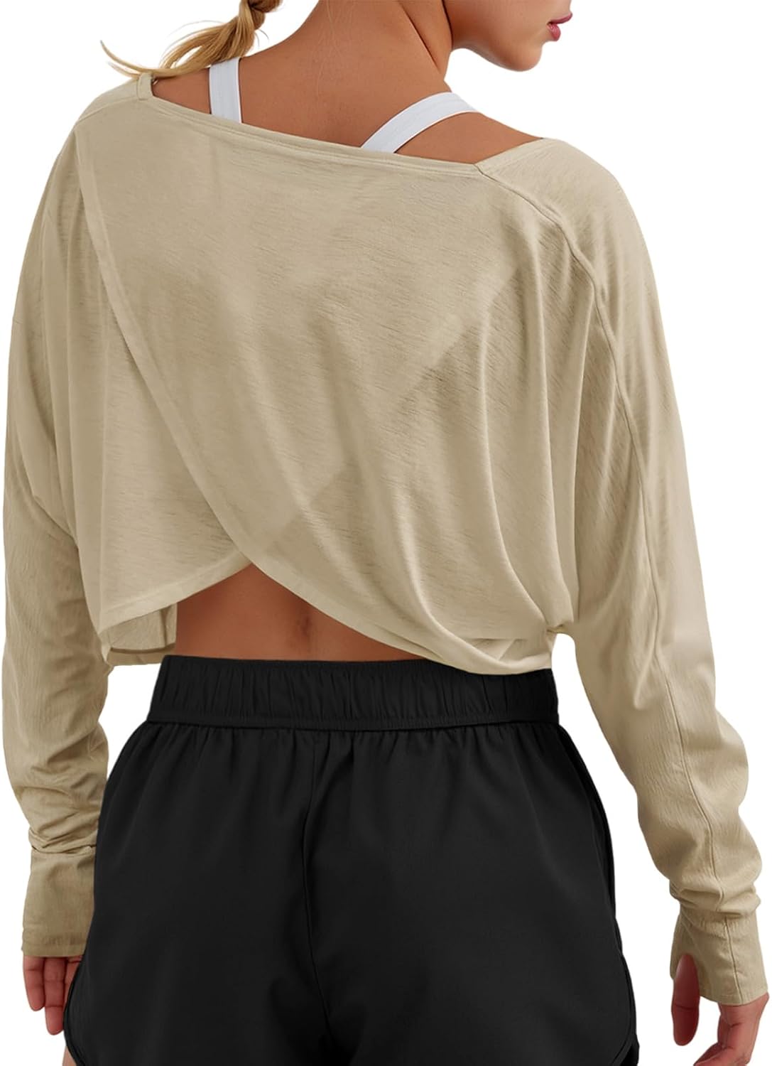 Fisoew Womens Long Sleeve Workout Tops Athletic Shirts Cropped Crossover Back Loose Running Gym Tee with Thumb Holes