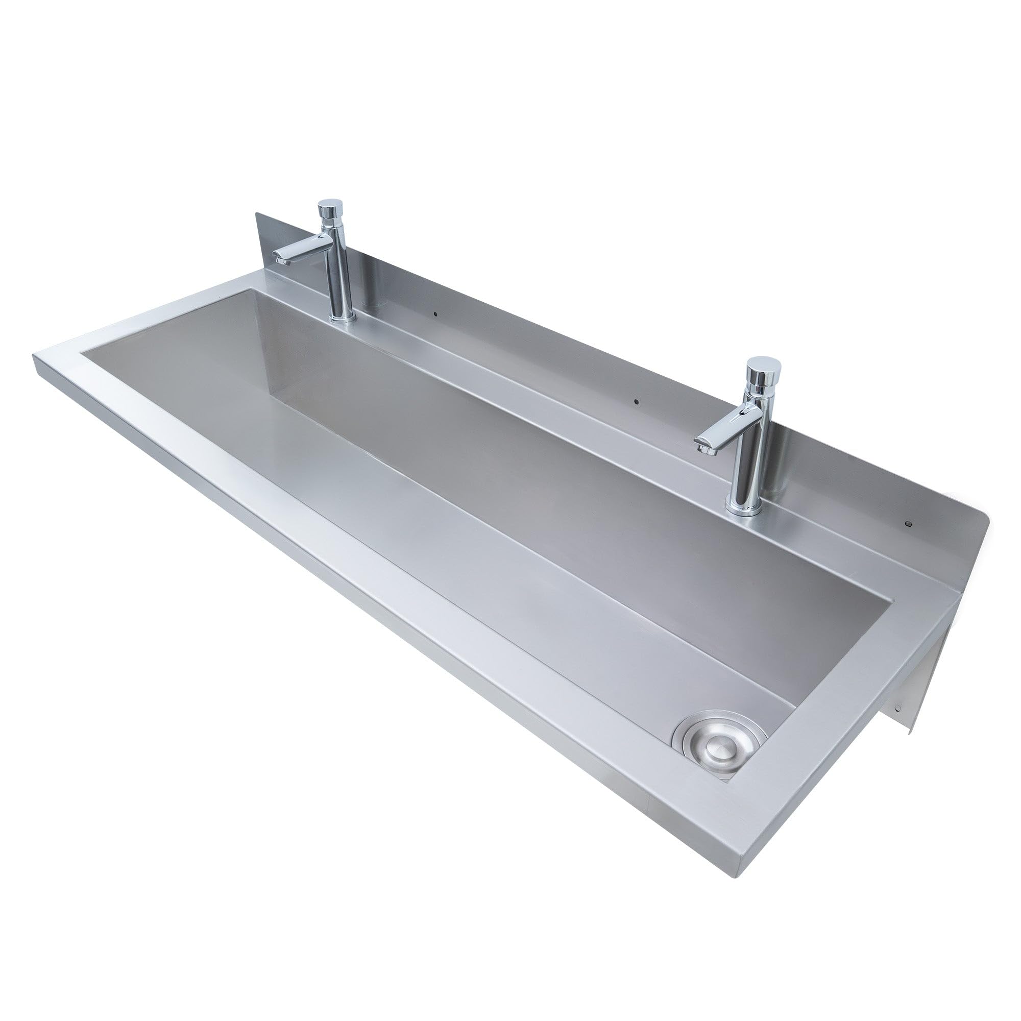 Lavabo a Canale da Parete in Acciaio Inox 120 cm (1200 mm) Professionale con Miscelatore, Rubinetti Push, Paraschizzi, Scarico Inclinato e 2 Dispenser Sapone da 500 ml