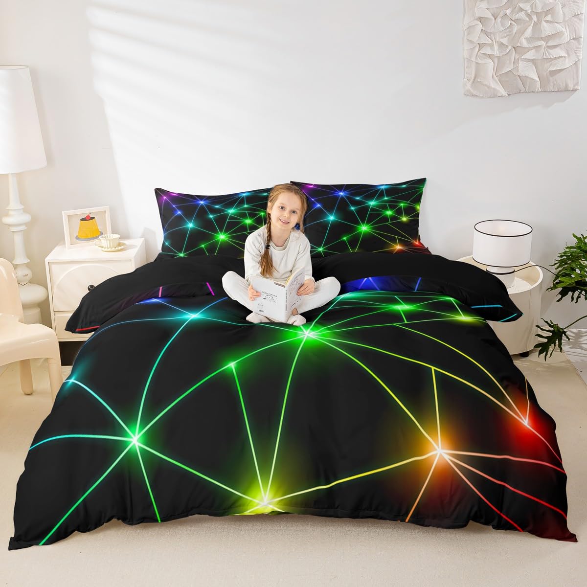 Homewish Neon Geometric Bedding Single, Reversible Black Duvet Cover Set Retro Triangle Pattern Quilt Cover with 1 Pillowcase - Image 4