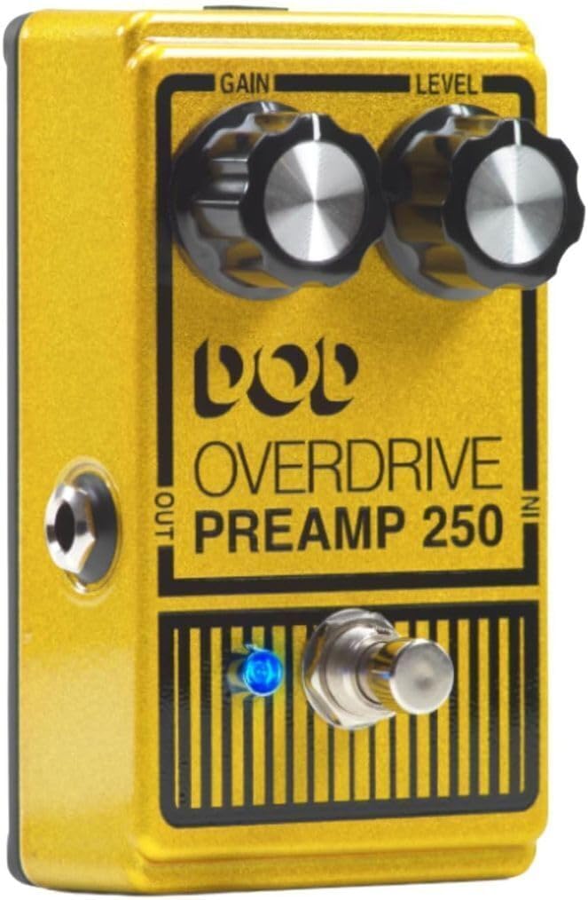 Brig view of the DOD Overdrive 250 pedal showing the Gain and Level knobs, footswitch, and blue LED.