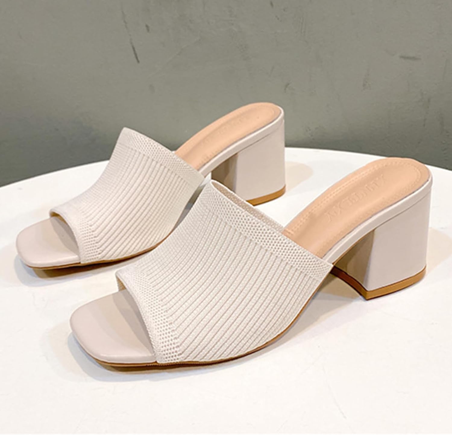 Women's Knit Peep Toe Chunky Heeled Sandals Fashion Square Open Toe Slip On Block Heel Mules Summer Casual Breathable Slides Sandal - Image 3