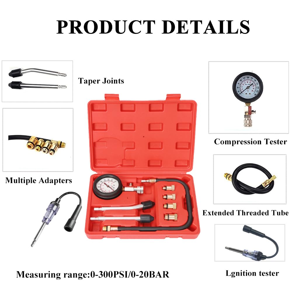 Kit tester di compressione con tester per candele,TONZACK di compressione standard benzina 0-20 bar e 0-300 psi, misurazione del test di compressione del motore Automotive M10 M12 M14 M18