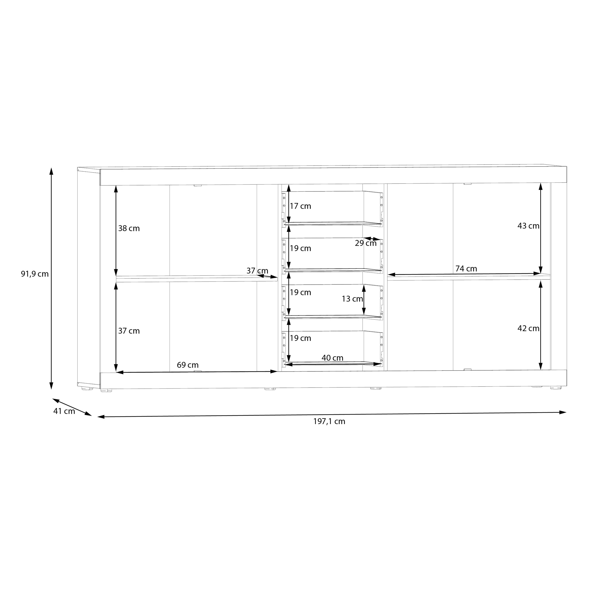 Forte BACCIO Kommode 200, modernes Sideboard mit 4 Schubladen und Türen, Holzwerkstoff, Artisan Eiche Holzdekor | Weiß, 197,1 cm breit x 91,9 cm hoch x 41 cm tief