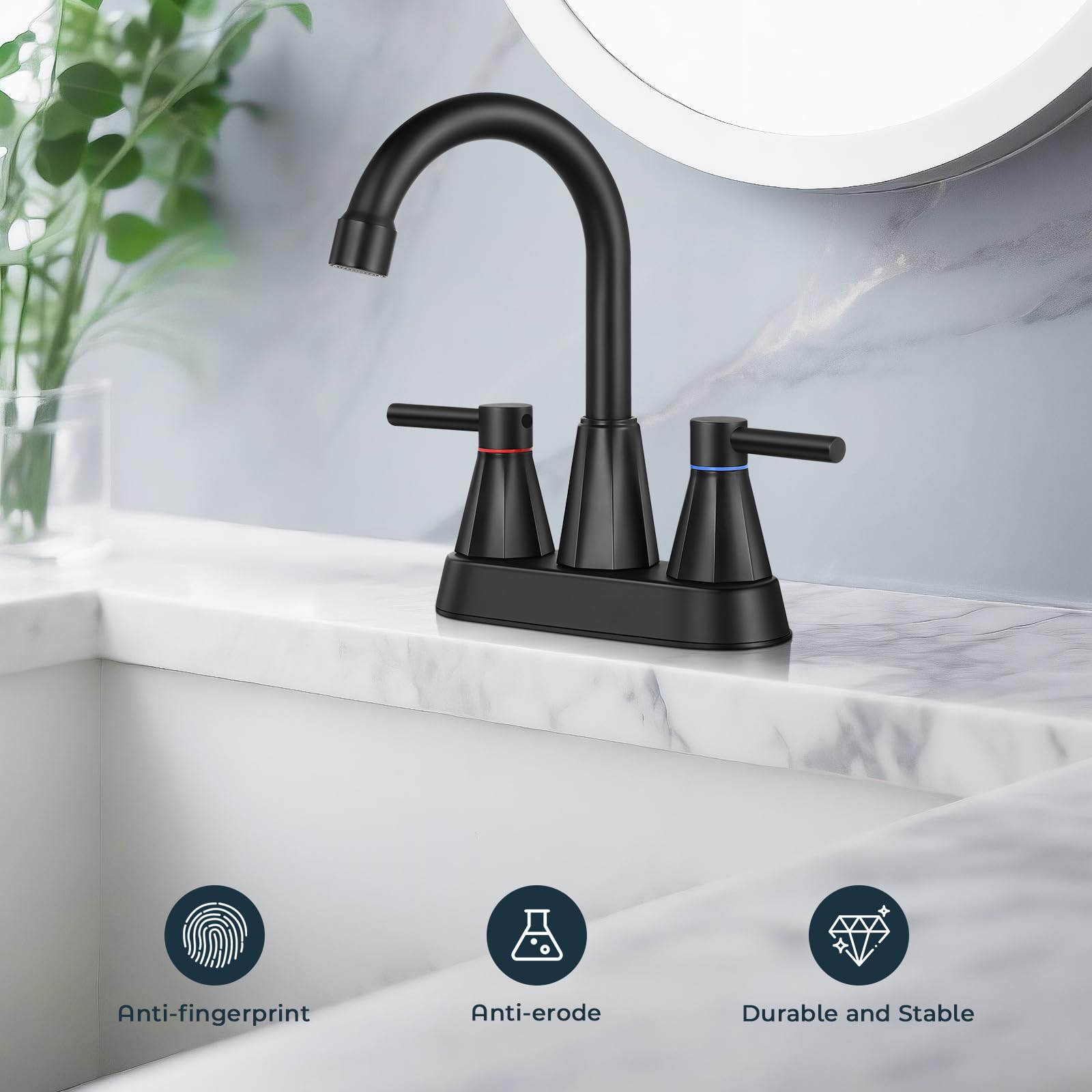 4 inches Bathroom Faucet for 3 Hole 2-Handle Bathroom Sink Faucets with Pop Up Drain Matte Black — view 2