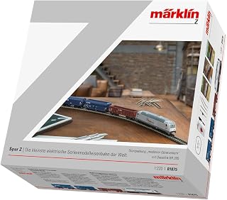 Märklin 81875 Spur Z Startpackung Moderner Güterverkehr – Diesellok BR 285 mit Metallfahrwerk, 3 Güterwagen, Gleisoval & Fahrgerät – Modellbahn Startset 1:220