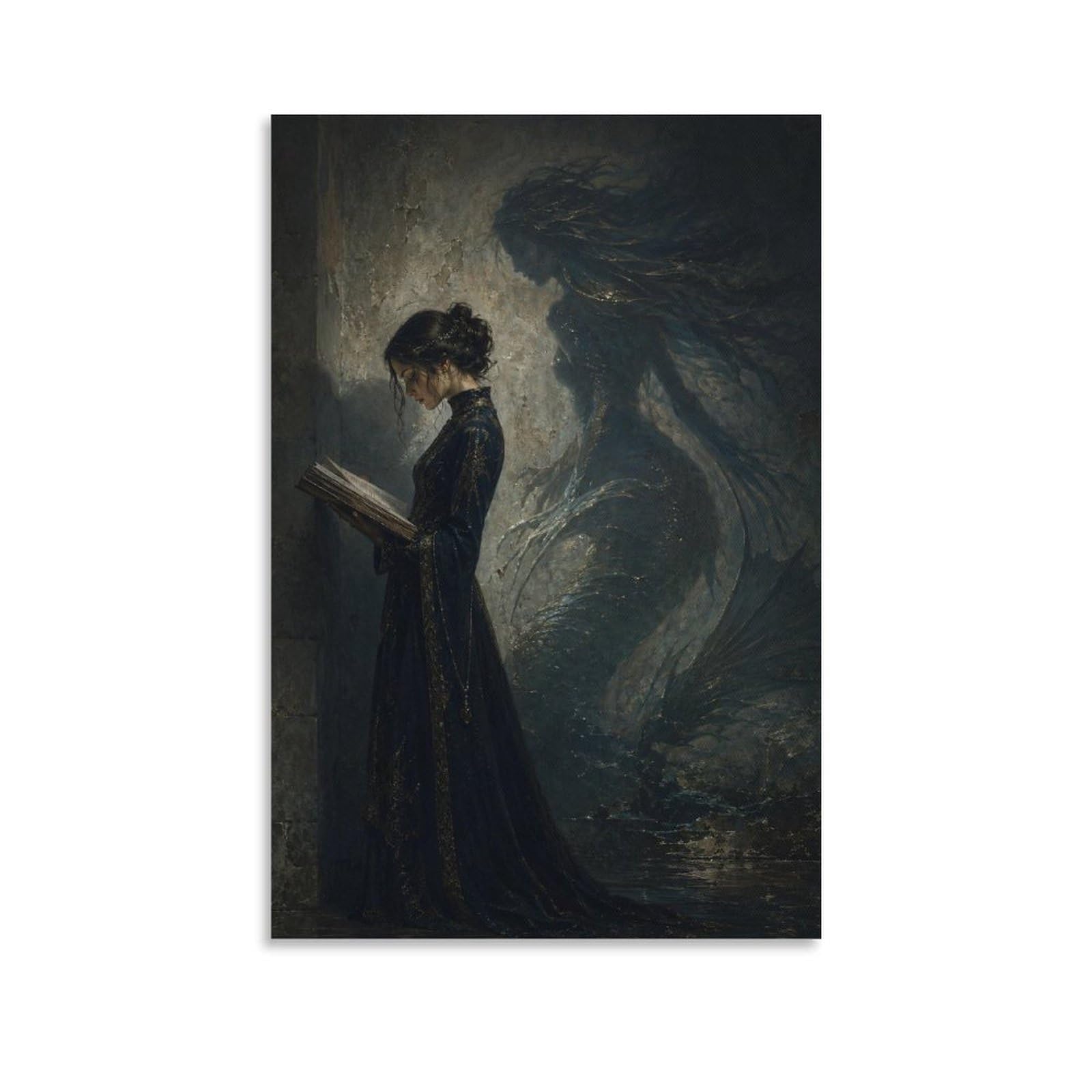 W7C8U2X3 Woman Reading Dragon Shadow Canvas Wall Art, Mythical Dragon