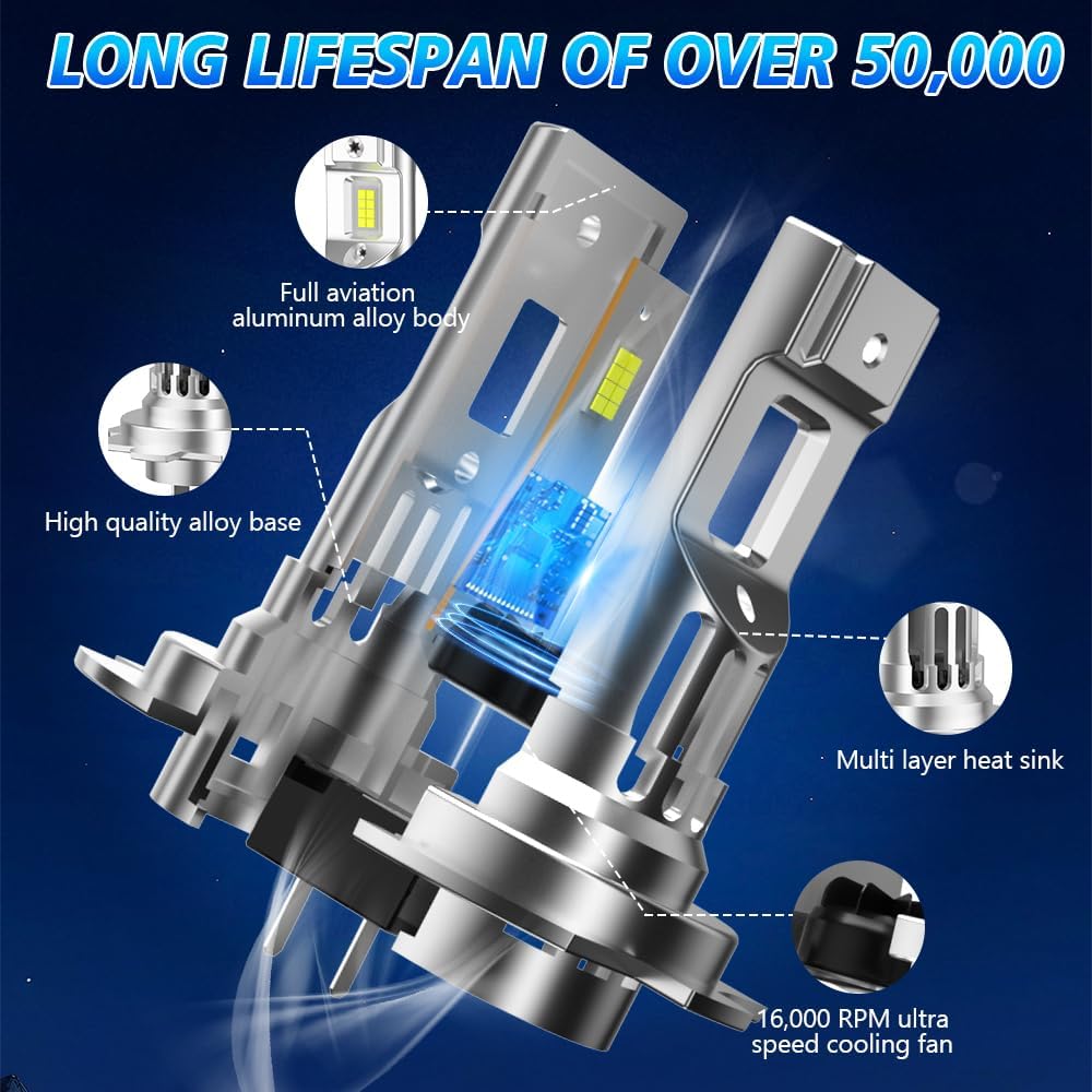 Front Light Bulbs Combo Fit for Kia Sedona 2001-2005,2015 2016 2017 2018, H7 & H7 High Beam and Low Beam, 6000k White, Direct Plug and Play with Fan, Pack of 4