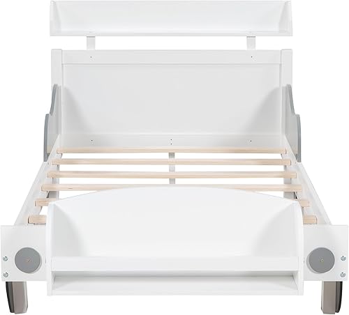 Miniatura 5 de DEINPPA Cama infantil con forma de coche, cama de plataforma de tamaño individual con estante de almacenamiento y cabecero, marco de cama de madera