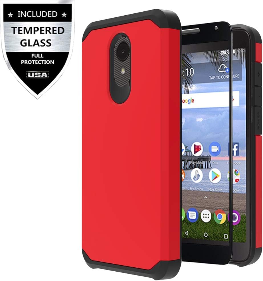 Alcatel TCL LX Case, Alcatel Avalon V/Alcatel IdealXtra/Alcatel 1X Evolve Case with Tempered Glass Screen Protector,IDEA LINE Heavy Duty Protection Hybrid Hard Shockproof Slim Fit Cover - Red