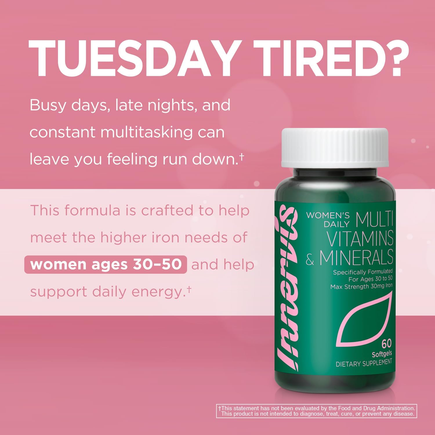 Women's Multivitamin 30-50 with 30mg Iron for Energy & Hormonal Balance | Essential Daily Minerals for Wellness, Bone & Immune Support | 60 Softgels – Innervis Nutrition - Image 2