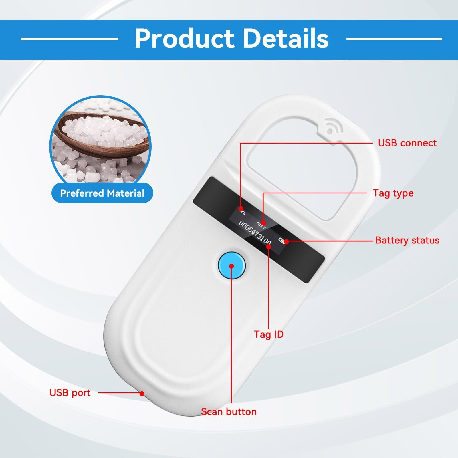 Escáner de microchips para mascotas, lector de microchips para mascotas, lector de microchips RFID EMID recargable, escáner de microchips para perros, escáner de chips para perros, gatos