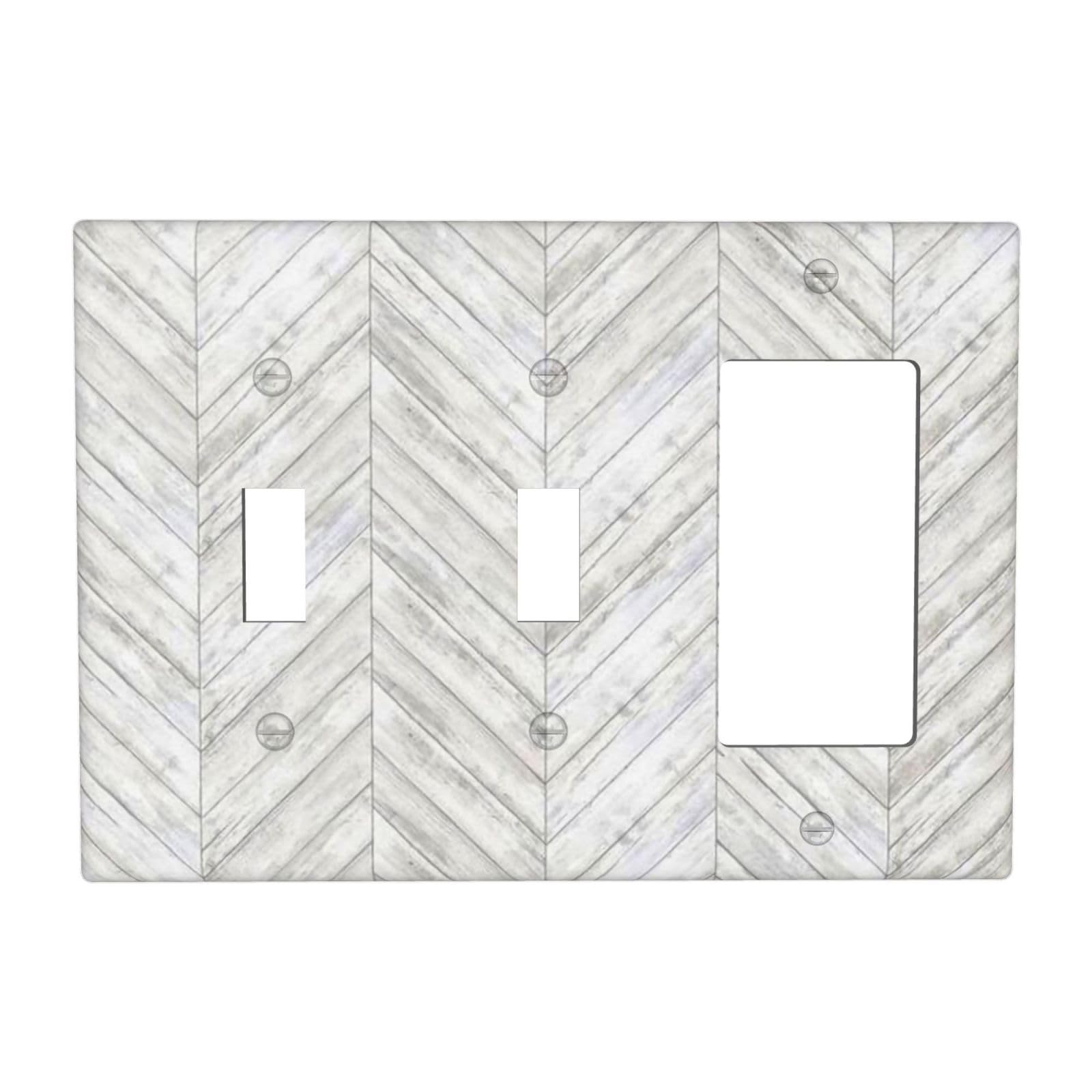 White/Grey Herringbone Wood Wooden 3 Gang 2 Toggle 1 Decorator/GFCI Combination Light Switch Cover Decorative Triple Combo Switch Face Wall Plate Room Decor