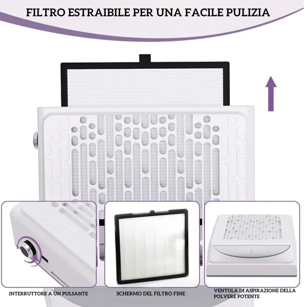 Aspirapolvere per Unghie da 80W, aspiratore unghie professionale con Velocità Regolabile, Filtro Riutilizzabile e USB per Ricarica Smartphone (Bianco)