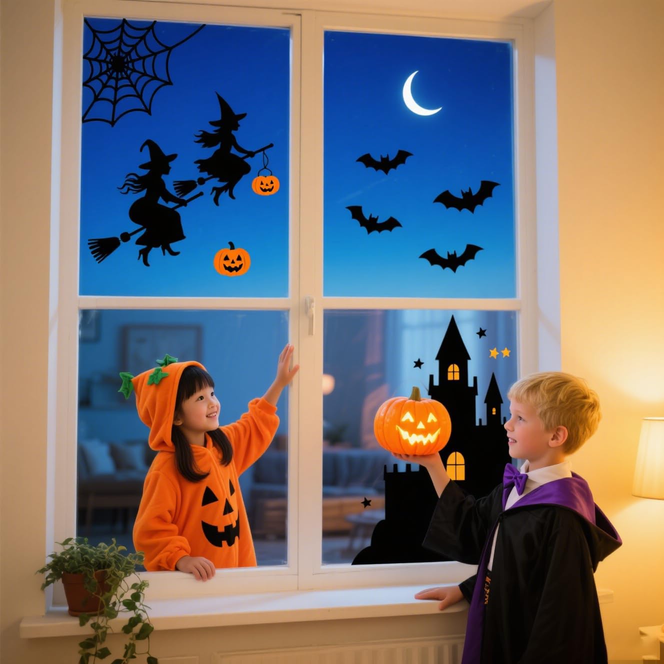 Décorations De Halloween Pour Fenêtres Autocollantes, Sorcières, Chauves- Souris, Château, Mystère, Noires Images, 8 Feuilles, Autocollants Pour Fenêtres Et Portes