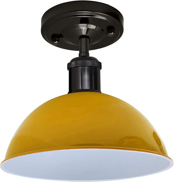 DC Voltage Retro Semi Flush Mount Ceiling Pendant Lights, Modern Metal 30cm Light Shade, E27 Lamp Holder with Max 60w of Power for Kitchen, Living Room, Hallway (Yellow)