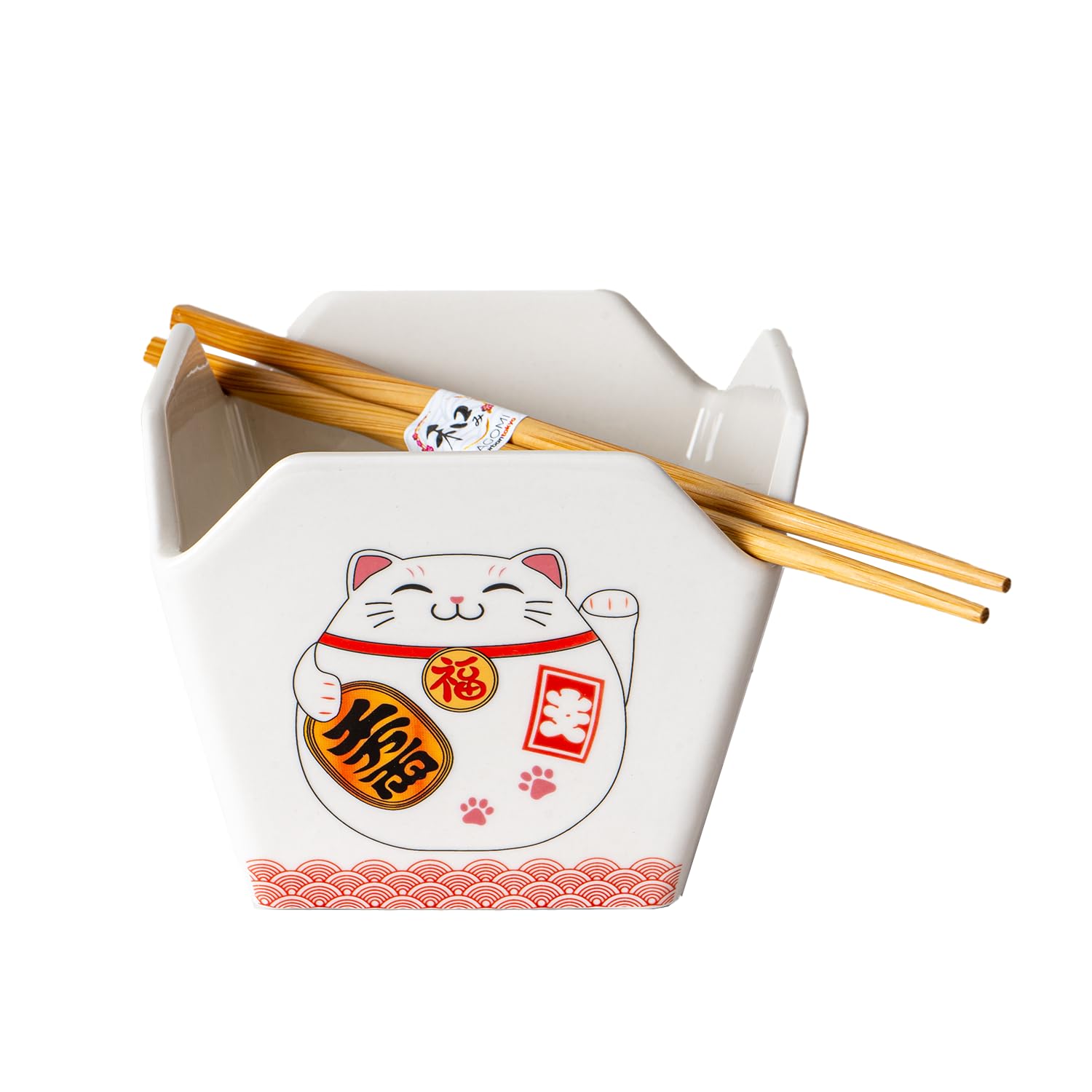 Urban Tokyo Chinese Takeout Box Style Porcelain Bowl With Chopsticks 18 fl oz Square Shape Rice Noodles Pasta To Go Box Shaped Bowl Microwave Dishwasher Safe (Lucky Cat)