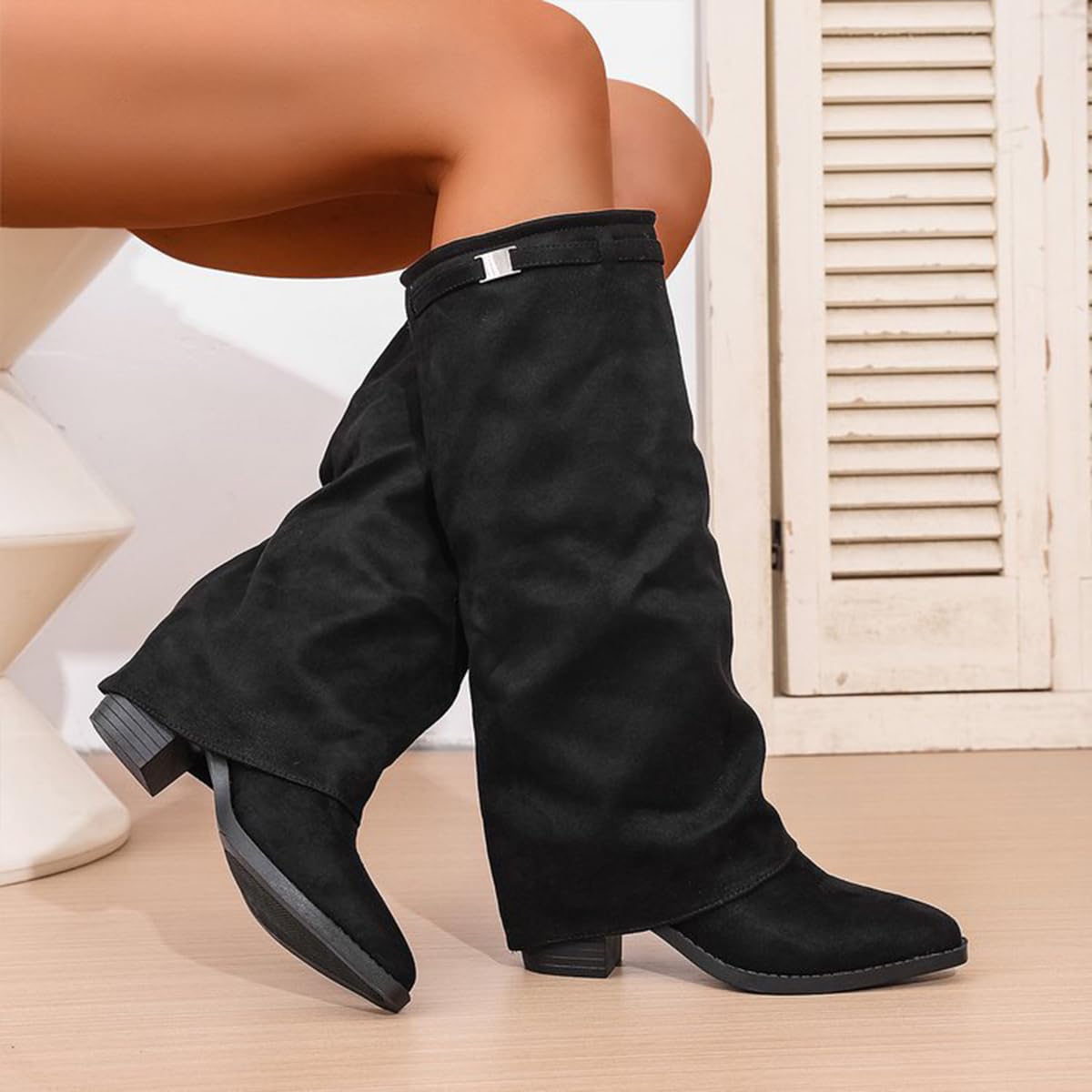 Fold Over Stivali Donna Invernali Cowboy Stivaletti con Tacco