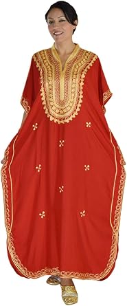 Moroccan Women One Size Caftan Hand Made Breathable Cotton with Gold Hand Embroidery Long Length Red