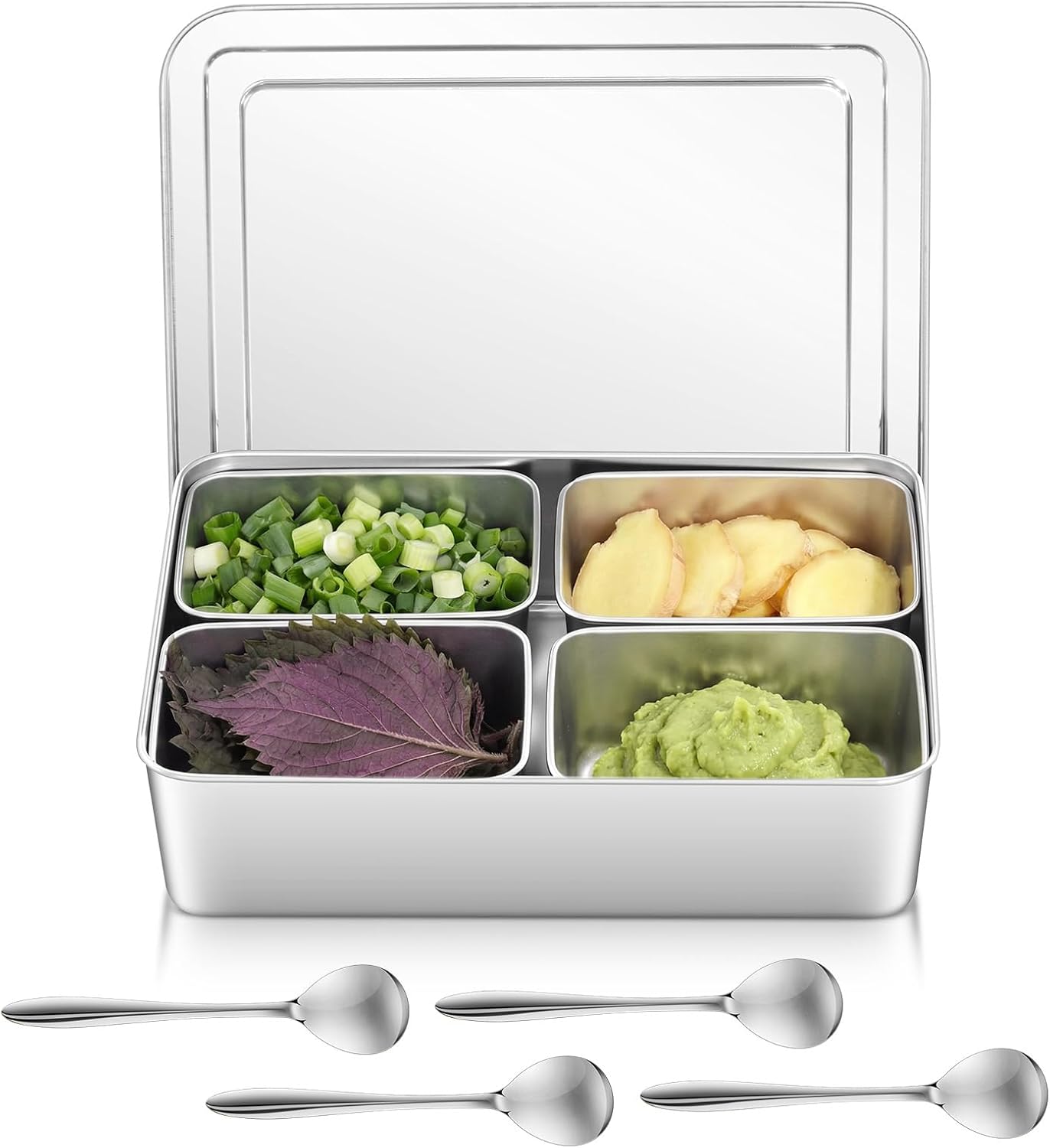 Boao 304 Yakumi Pans Stainless Steel Seasoning Condiment Container with Lids Spoons,Japanese Yakumi Pans Mini Sauces Salad Dressings Storage for Food, Herbs, Spices(4 Compartment)