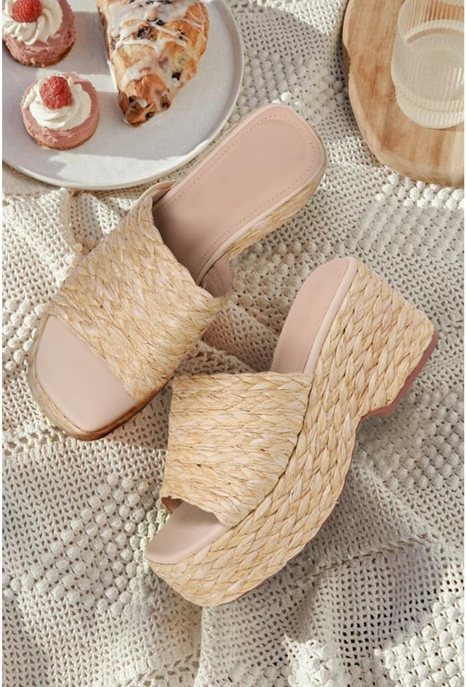 Ancomafio Platform Espadrille Sandals for Women，Platform Slip on Wedges Slides Bohemia Sandals Flatform Open Toe Beach Sandals Outdoor