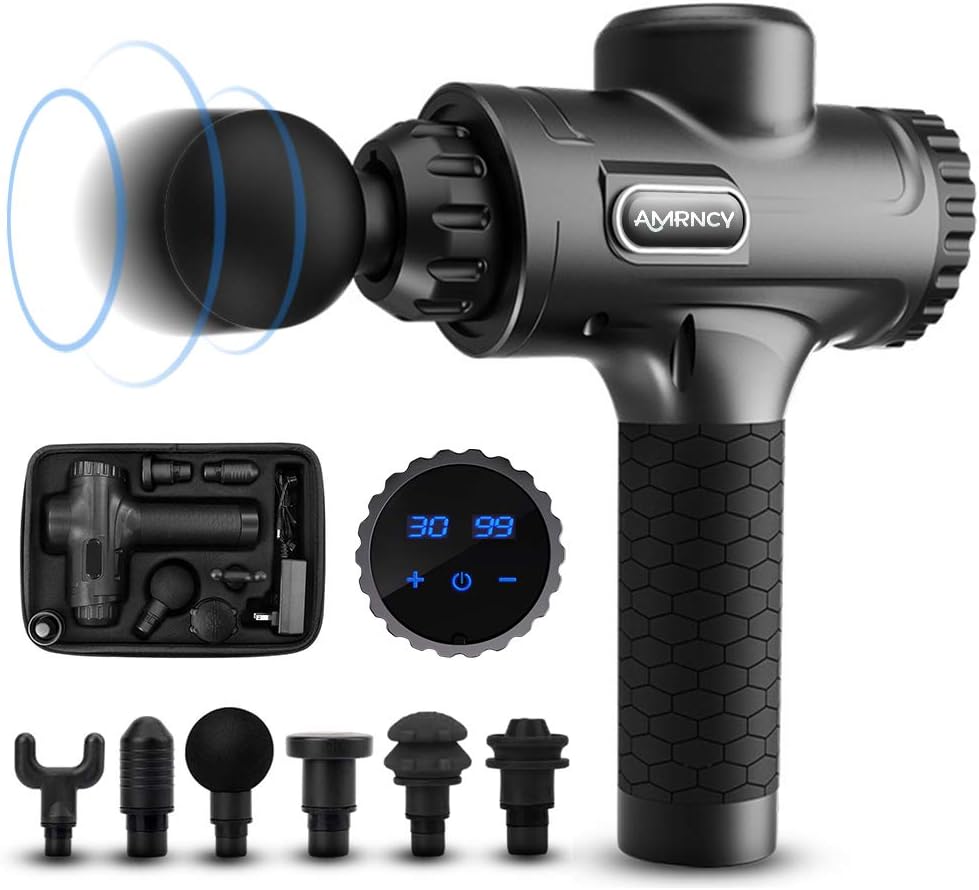 Massage Gun Muscle Percussion Massagers for Neck Back Shoulder, Handheld Quiet Deep Tissue Body Massager with 6 Massage Head for Athlete Pain Relief