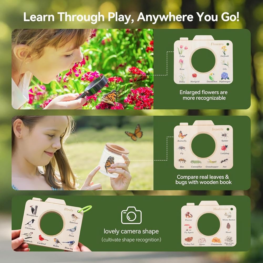 Kit de Captura de Insectos para Niños, Kit de Exploración, 10 Piezas para Exteriores con Lupa y Red, para Niños de 4 A 8 Años.