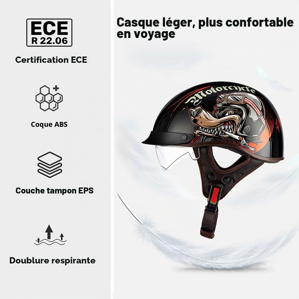 Demi-Casque de Moto, Casque Moto Rétro, Casque Jet ECE2206 Homologué, Casque Moto Cyclomoteur avec Visière, Casque de Moto Hommes et Femmes, pour Moto et Scooter, M~XXL