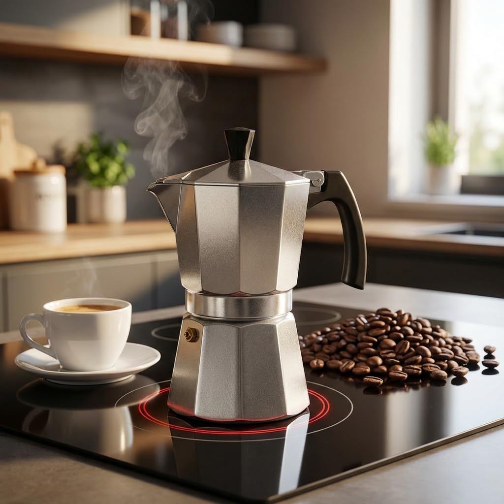 Suinga CAFETERA CLÁSICA ITALIANA de inducción de aluminio duradero y resistente. Capacidad de 9 tazas. Color Gris