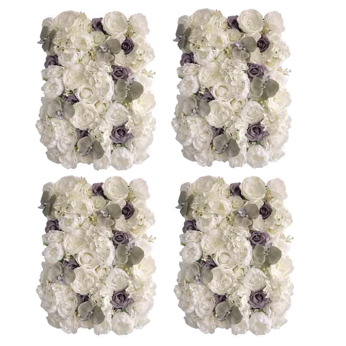 Panneau de fleurs artificielles 23,6x15,7 cm en soie lot de 4 pour fond mural de mariage blanc