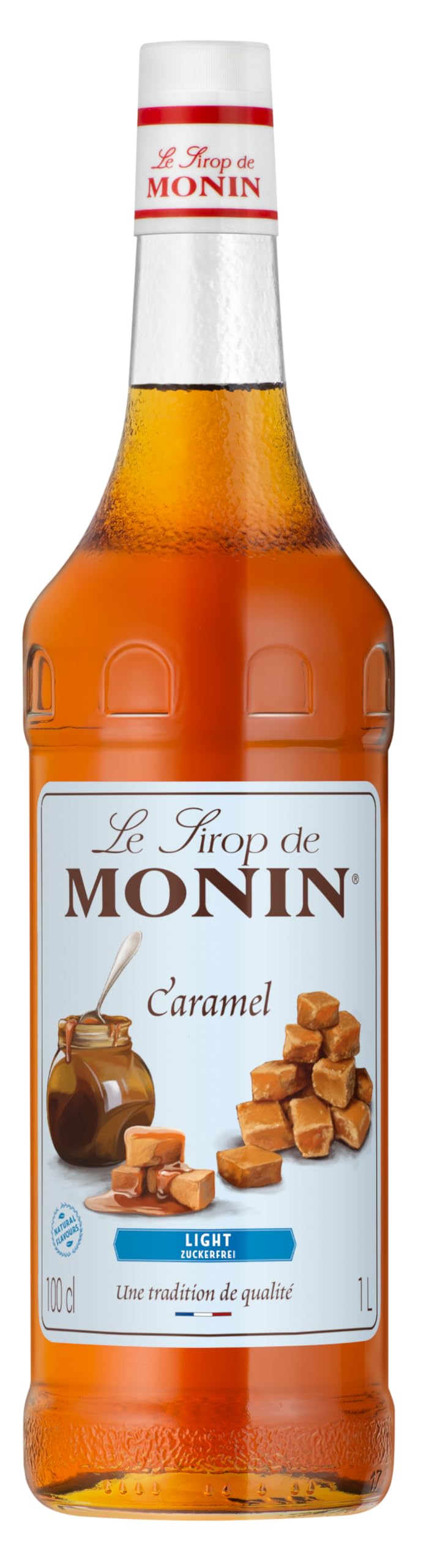 Monin Sirup Karamell Zuckerfrei (1 x 1,0l) - kalorienarmer Geschmack für Kaffee, Desserts und Cocktails - ohne Zucker