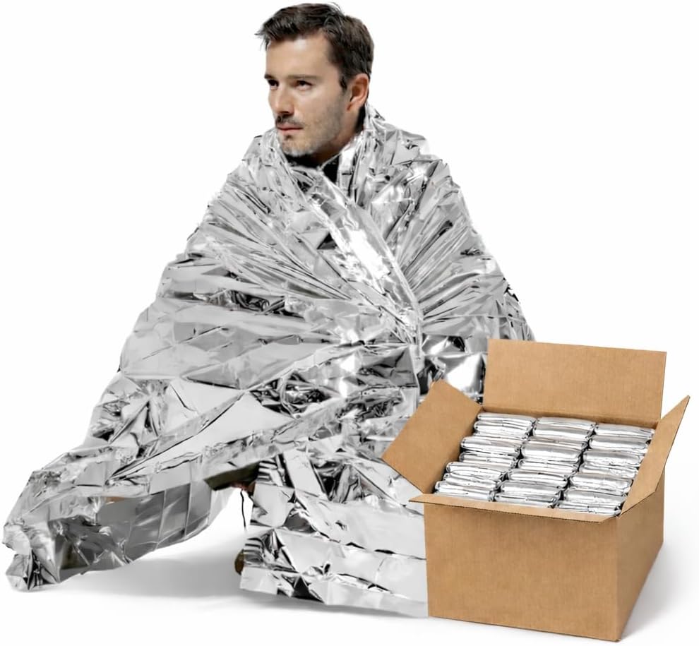 50 Pack Emergency Foil Blankets 51” x 83” – Thermal Mylar Survival Blankets Individually Wrapped for Outdoors, Camping, Hiking, First Aid, Emergency Preparedness & Homeless Outreach