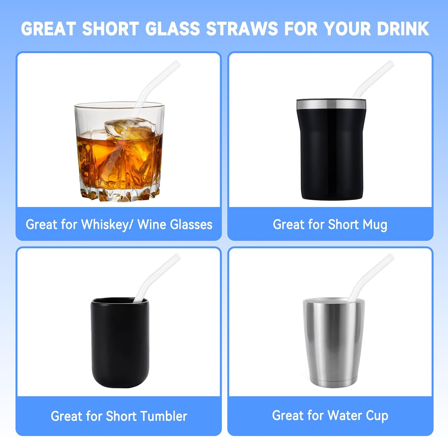 8 Pcs Reusable Glass Straws Shatter Resistant, 6” x 8mm Short Glass Drinking Straws with 2 Cleaning Brush, Including 4 Straight & 4 Bent Reusable Straws for Beverages, Juices, Milk, Coffee (Clear)