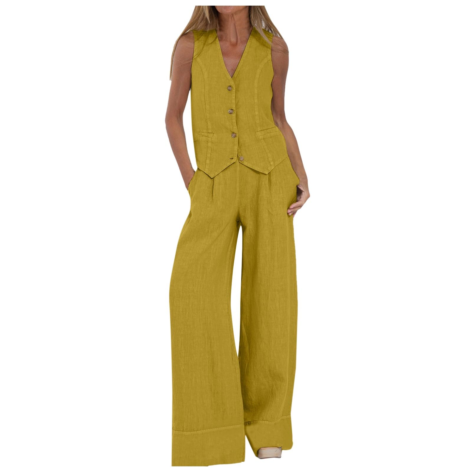 Generico Completo Casual da Donna in Cotone 2 Pezzi Camicia da Donna Senza Maniche con Bottoni Pantaloni Dritti a Gamba Larga con Tasche