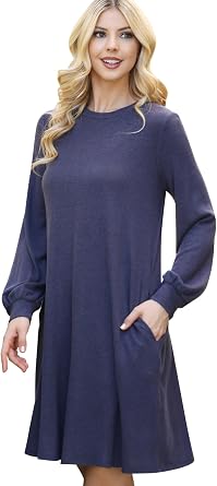 RIAH FASHION Comfy Long Sleeve Dress - Womens Casual Pocket Maternity Dresses, Hacci, French Terry
