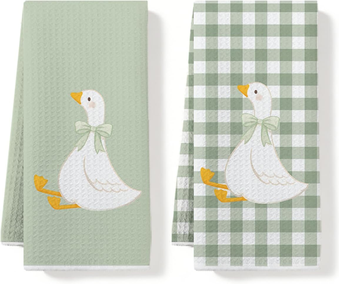 Cute Silly Goose Kitchen Towels Set of 2 Geese Gifts Kitchen Decor Waffle Absorbent Tea Towels Dish Towel Green Decorative Hand Towel for Bathroom Goose Lover Gifts for Women Mom Friends, 14x24 Inches