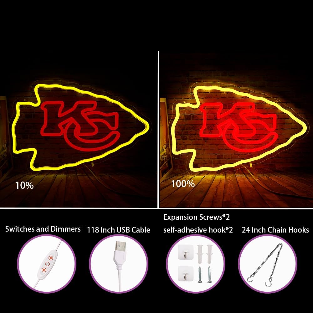 Rugby Football Sports Neon Sign Suitable for Chiefs KC Logo for Wall Decor USB Powered Dimmable Led Light Up Signs for Game Room Men Cave Home Bar Decor Birthday Xmas Gifts for Fans Kids