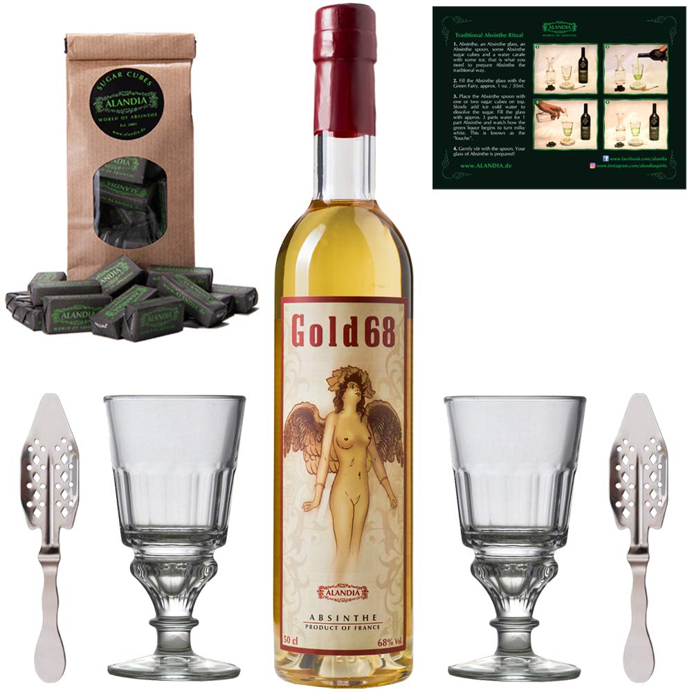 Absinth Set Gold68 von ALANDIA | Das Original ohne Anis | 2x Gläser | 2x Löffel | 1x Zuckerwürfel | 68% | (1x 0.5 l)